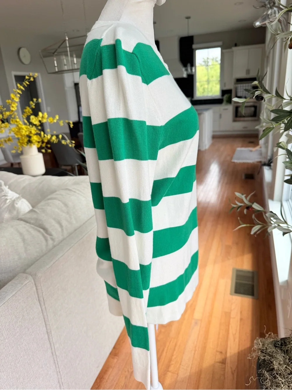 J. Crew Green and White Striped Scoop-Neck Sweater